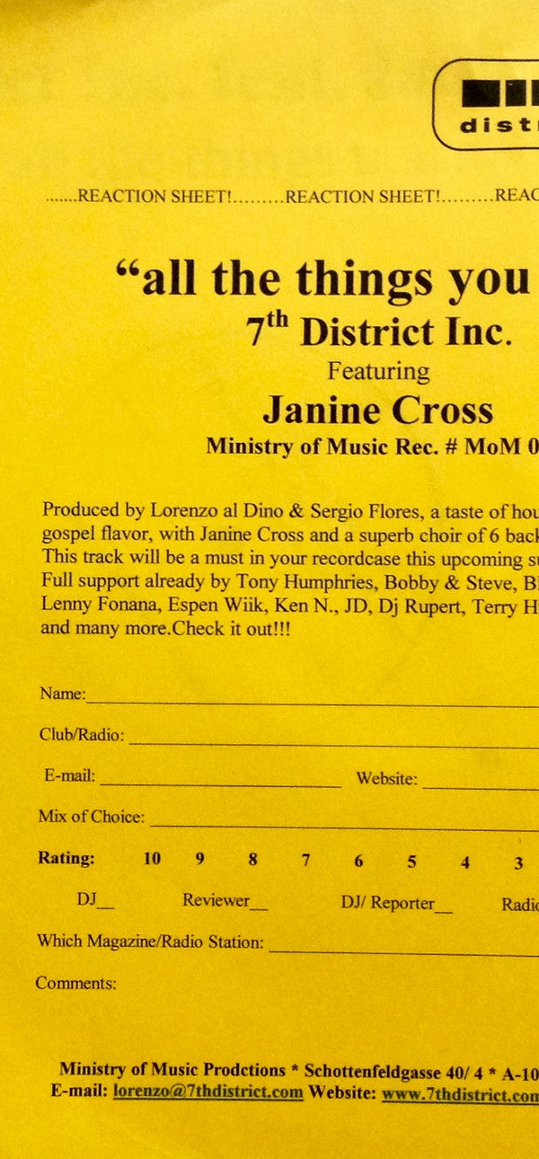 7th District Inc. Feat. Janine Cross : All The Things U Are (12", Ltd)