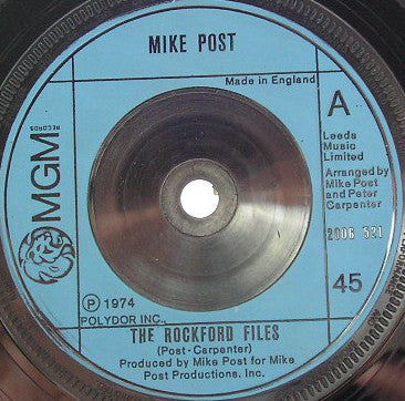 Mike Post : The Rockford Files (7", Single, Blu)