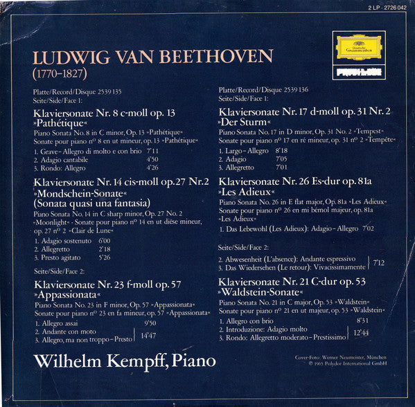 Ludwig van Beethoven - Wilhelm Kempff : Die Beliebtesten Sonaten (The Best-Loved Sonatas) (2xLP, Comp, RE, Gat)