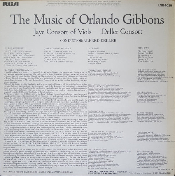 Deller Consort, The Jaye Consort, Alfred Deller : The Music Of Orlando Gibbons (LP)