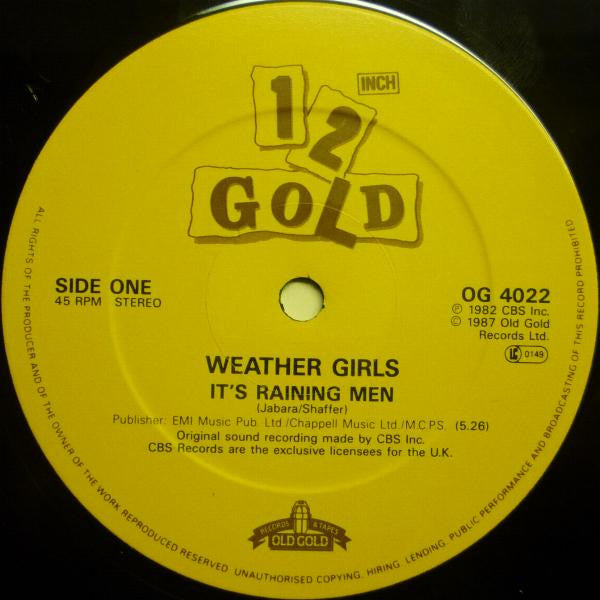The Weather Girls : It's Raining Men / I'm Gonna Wash That Man Right Outa My Hair (12")