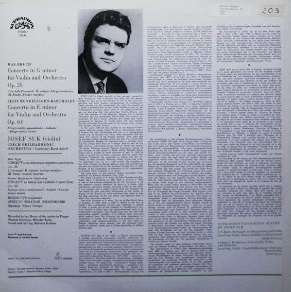 Max Bruch / Felix Mendelssohn-Bartholdy - Josef Suk, The Czech Philharmonic Orchestra, Karel Ančerl : Concerto In G Minor / Concerto In E Minor (LP, Album, RE)