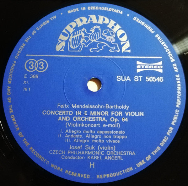 Max Bruch / Felix Mendelssohn-Bartholdy - Josef Suk, The Czech Philharmonic Orchestra, Karel Ančerl : Concerto In G Minor / Concerto In E Minor (LP, Album, RE)