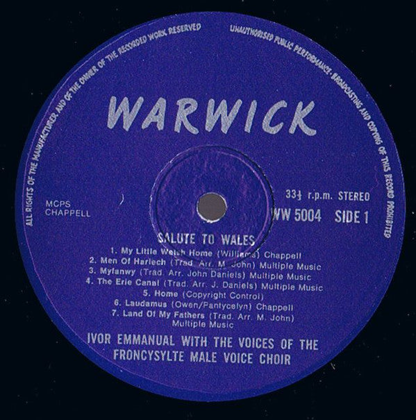 Ivor Emmanuel With  The Froncysyllte Male Voice Choir : Salute To Wales (LP)