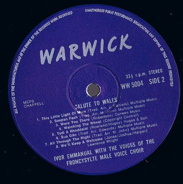 Ivor Emmanuel With  The Froncysyllte Male Voice Choir : Salute To Wales (LP)