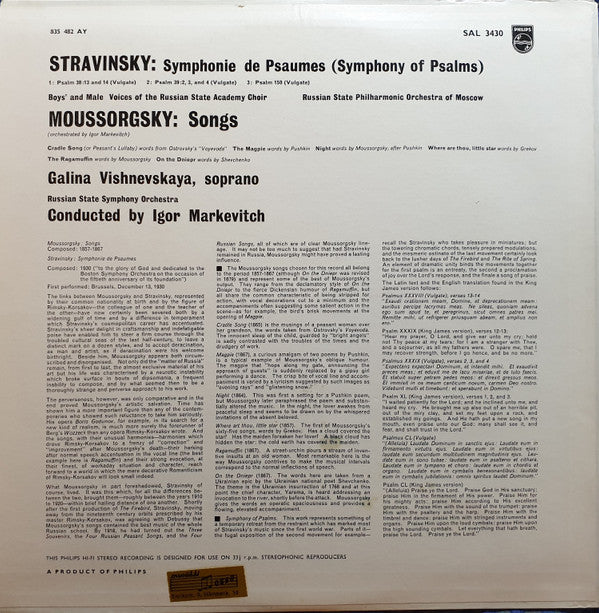 Igor Markevitch Conducts Igor Stravinsky And Modest Mussorgsky : Symphonie de Psaumes - Six Songs (LP)
