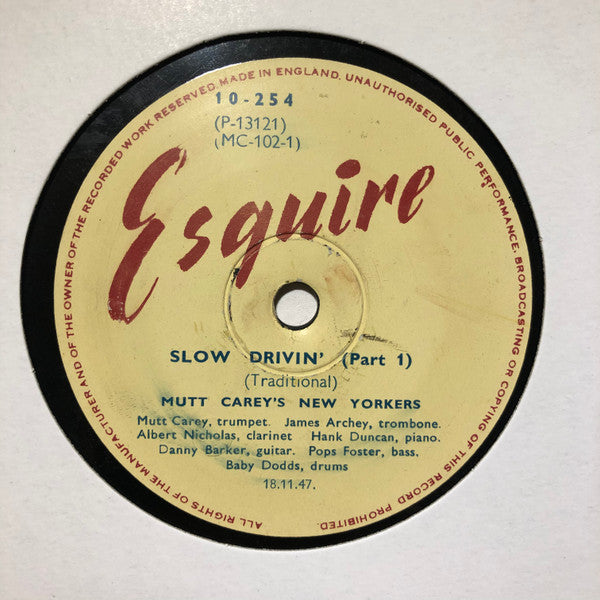Mutt Carey's New Yorkers : Slow Drivin' (Part 1) / Slow Drivin' (Part 2) (Shellac, 10")