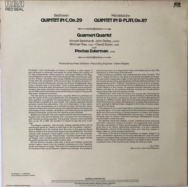 Guarneri Quartet With Pinchas Zukerman, Ludwig van Beethoven / Felix Mendelssohn-Bartholdy : Quintet In C, Op. 29 / Quintet In B Flat, Op. 87 (LP)