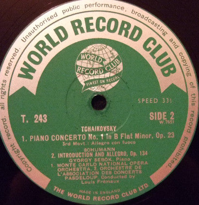 Tchaikovsky*, György Sebök With The Monte-Carlo National Opera Orchestra* / Schumann*, Orchestre De L'Association Des Concerts Pasdeloup Conducted By Louis Frémaux : Piano Concerto No 1 / Introduction And Allegro (LP, Mono, Club)