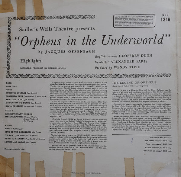 Jacques Offenbach - Sadler's Wells Theatre, Alexander Faris : Orpheus In The Underworld (LP, RE)