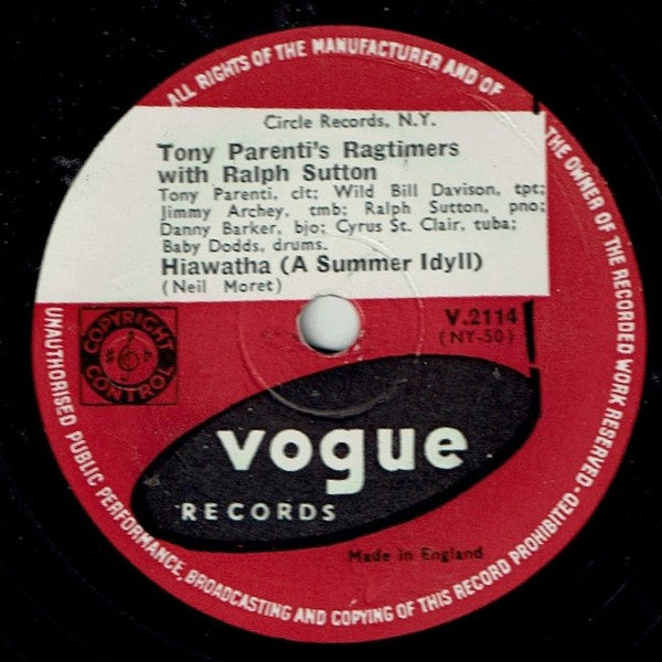 Tony Parenti's Ragtimers With Ralph Sutton (2) : Hiawatha (a Summer Idyll) / Swipesey Cake Walk (Shellac, 10")