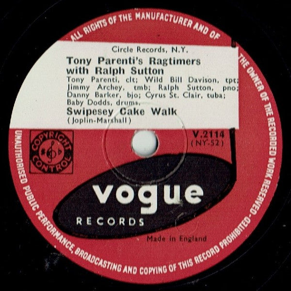 Tony Parenti's Ragtimers With Ralph Sutton (2) : Hiawatha (a Summer Idyll) / Swipesey Cake Walk (Shellac, 10")