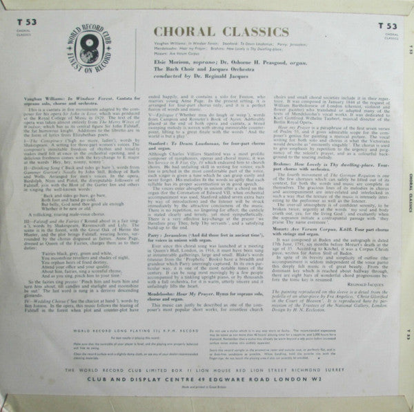Elsie Morison (Soprano), Osborne Peasgood (Organ),  The Bach Choir & The Jacques Orchestra Conducted By Reginald Jacques : Choral Classics (LP, Album, Mono, Club)