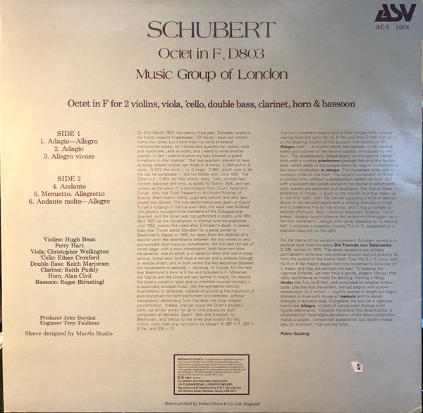 Franz Schubert, The Music Group Of London : Octet In F, D803 (LP)