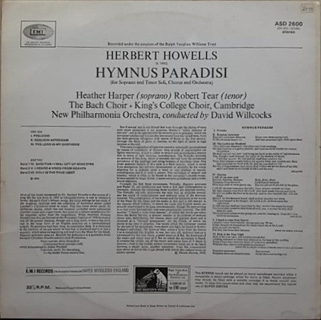 Herbert Howells - Heather Harper, Robert Tear, The Bach Choir, The King's College Choir Of Cambridge, New Philharmonia Orchestra, David Willcocks : Hymnus Paradisi (LP, RE)