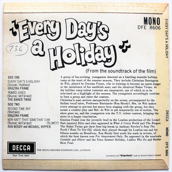 Ron Moody With Grazina Frame, The Baker Twins And Michael Ripper : Every Day's A Holiday (7", EP, Mono)