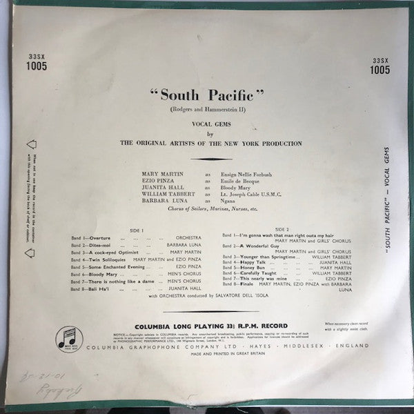 "South Pacific" Original Broadway Cast : Vocal Gems From "South Pacific" (LP, Mono)