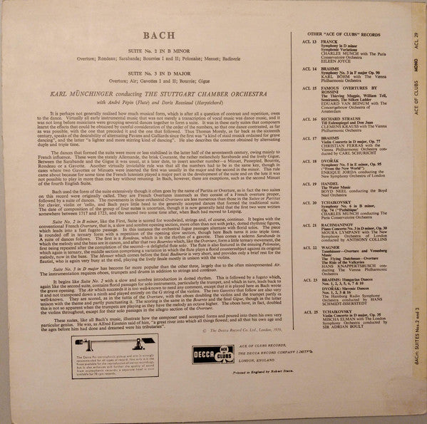Stuttgarter Kammerorchester Conducted By Karl Münchinger / Johann Sebastian Bach : Suite No. 2 / Suite No. 3 (LP, Mono)