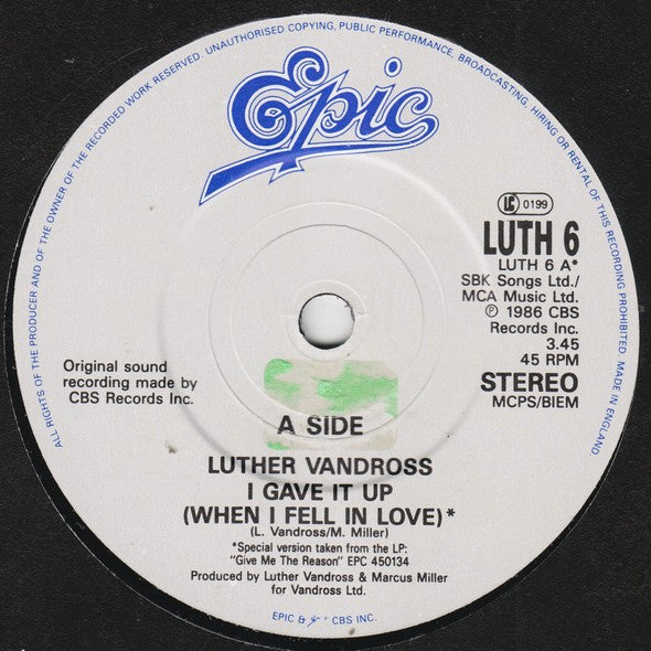 Luther Vandross : I Gave It Up (When I Fell In Love) (7", Single)