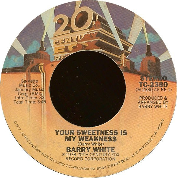 Barry White : Your Sweetness Is My Weakness (7", Single, Styrene, Pit)