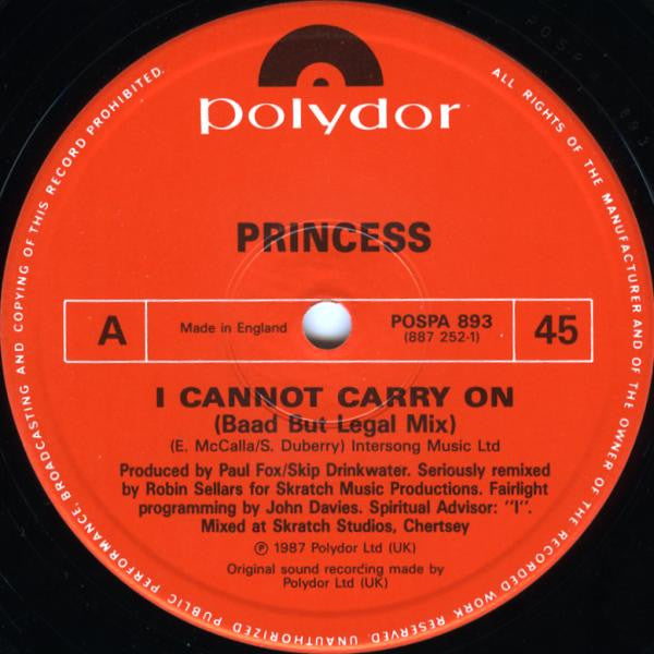 Princess : I Cannot Carry On (12", Single)
