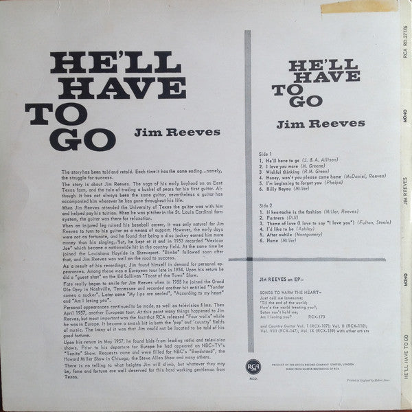 Jim Reeves : He'll Have To Go (LP, Album, Mono)
