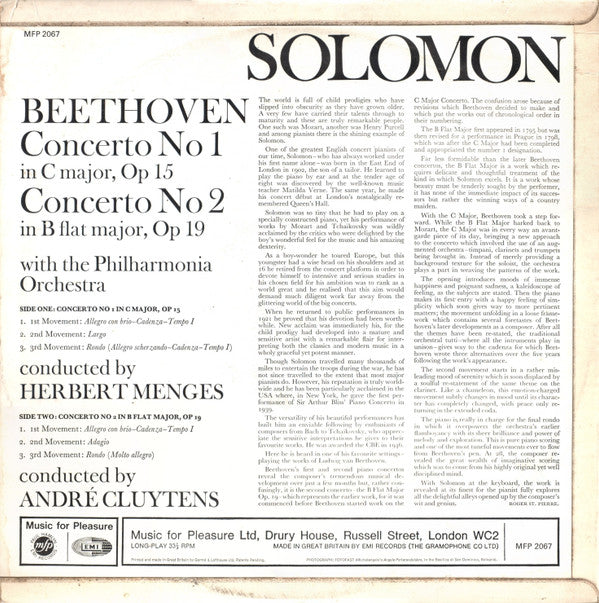 Solomon (6), Philharmonia Orchestra / Herbert Menges & André Cluytens - Ludwig Van Beethoven : Piano Concertos 1 & 2 (LP, Mono)