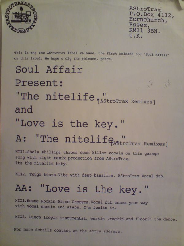 Soul Affair : The Nitelife (AStroTrax Remixes) / Love Is The Key (12", W/Lbl)