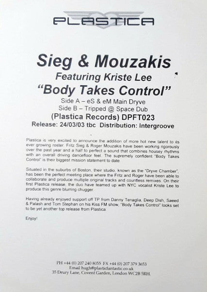 Sieg & Mouzakis Featuring Kriste Lee : Body Takes Control (12", W/Lbl)