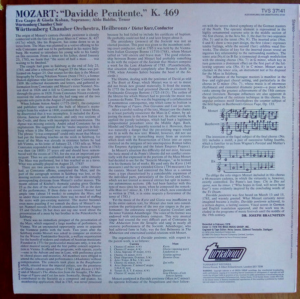 Mozart* - Württemberg Chamber Choir*, Württemberg Chamber Orchestra, Heilbronn*, Dieter Kurz (2) : Davidde Penitente, Cantata, K. 469 (LP, Album)