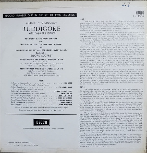 Gilbert & Sullivan, D'Oyly Carte Opera Company, Bridget D'Oyly Carte : Ruddigore (2xLP, Mono)