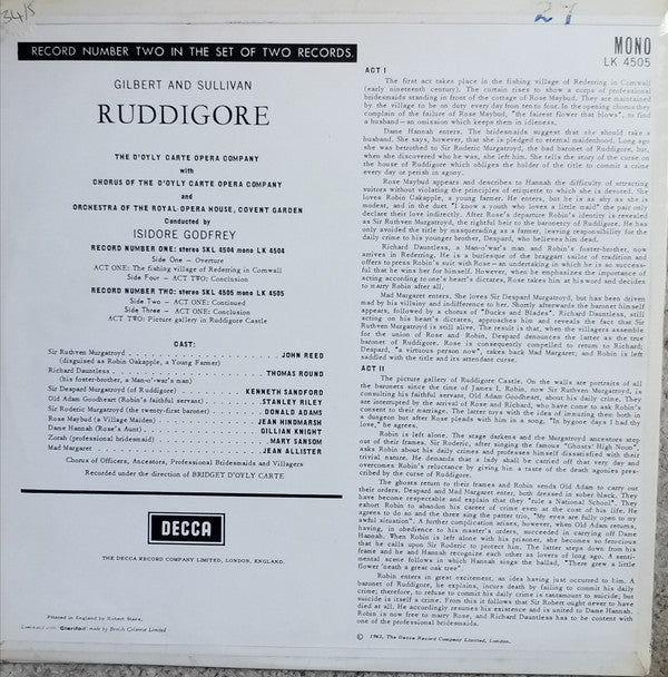Gilbert & Sullivan, D'Oyly Carte Opera Company, Bridget D'Oyly Carte : Ruddigore (2xLP, Mono)