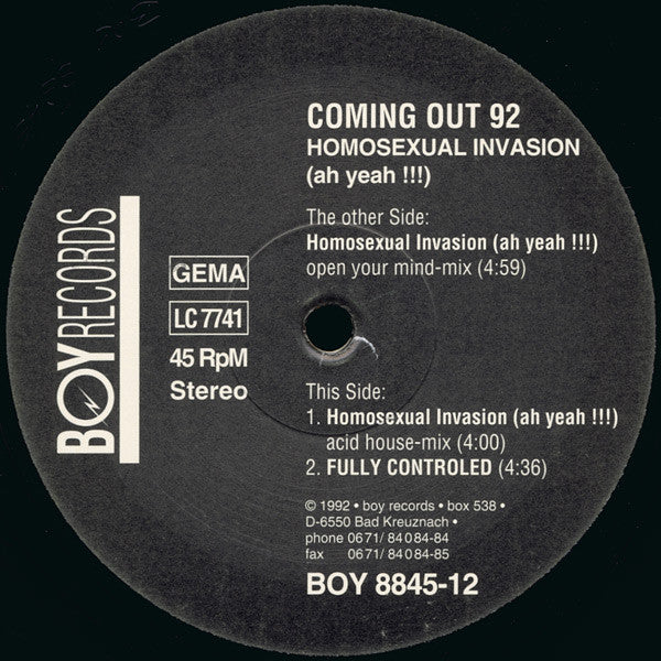 Coming Out '92 : Homosexual Invasion (Ah Yeah !!!) (12")