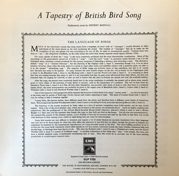 Victor C. Lewis : A Tapestry Of British Bird Song (LP, Mono)