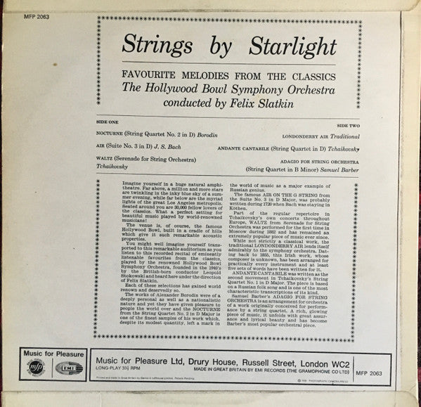The Hollywood Bowl Symphony Orchestra Conducted By Felix Slatkin : Strings By Starlight Favourite Melodies From The Classics (LP, Mono, RE)