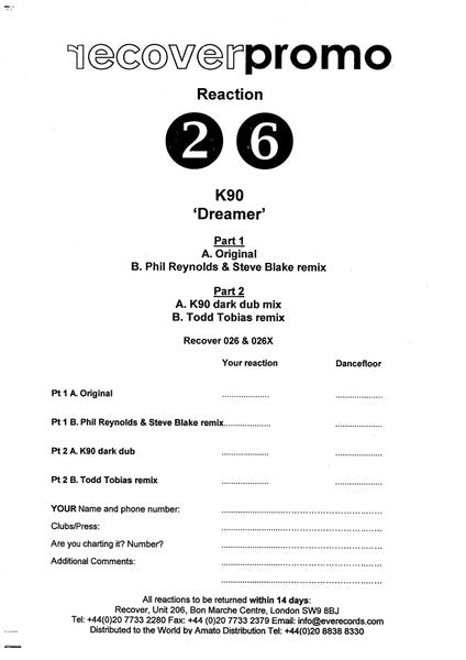 K90 : Dreamer (12", Promo, W/Lbl, Sti)