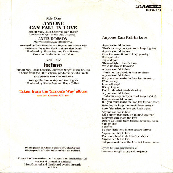 Anita Dobson And The Simon May Orchestra : Anyone Can Fall In Love (7", Single, Pic)