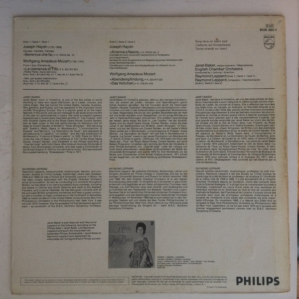 Janet Baker, Raymond Leppard, English Chamber Orchestra - Wolfgang Amadeus Mozart / Joseph Haydn : Arias – La Clemenza Di Tito / Abendempfindung / Das Veilchen / Arianna A Naxos / Berenice Che Fai (LP)
