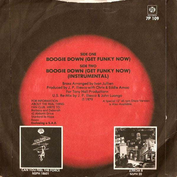 The Real Thing : Boogie Down (Get Funky Now) (7", Single, Yel)