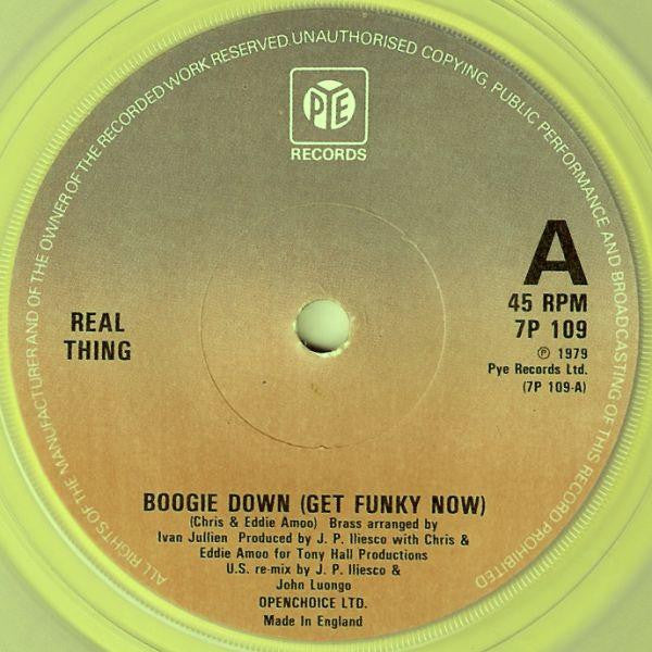 The Real Thing : Boogie Down (Get Funky Now) (7", Single, Yel)