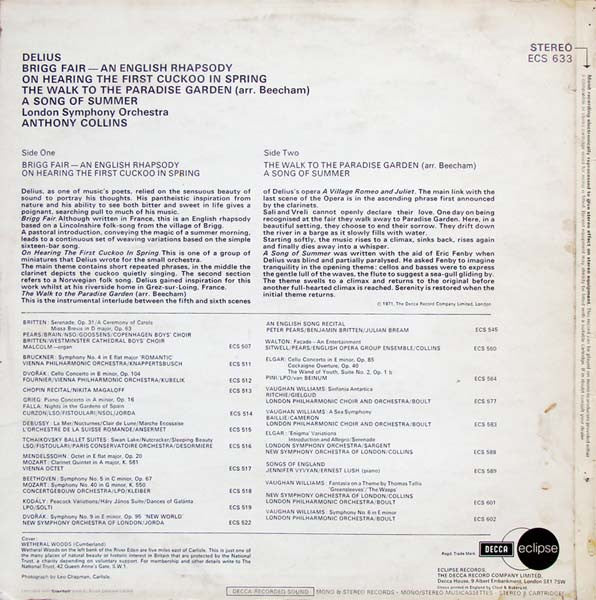 Frederick Delius - London Symphony Orchestra, Anthony Collins (2) : Brigg Fair / On Hearing The First Cuckoo In Spring / The Walk To The Paradise Garden / A Song Of Summer (LP, RE, Ele)