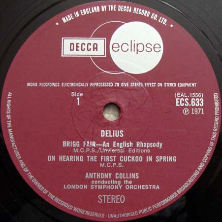 Frederick Delius - London Symphony Orchestra, Anthony Collins (2) : Brigg Fair / On Hearing The First Cuckoo In Spring / The Walk To The Paradise Garden / A Song Of Summer (LP, RE, Ele)