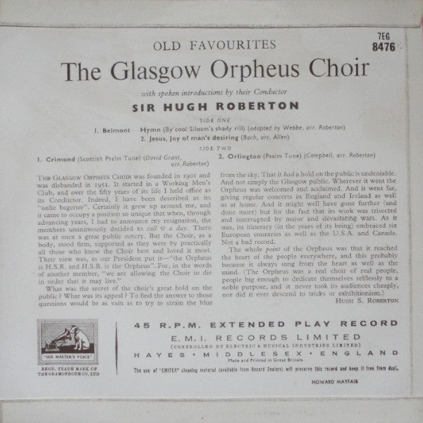 The Glasgow Orpheus Choir : Old Favourites (7", EP)