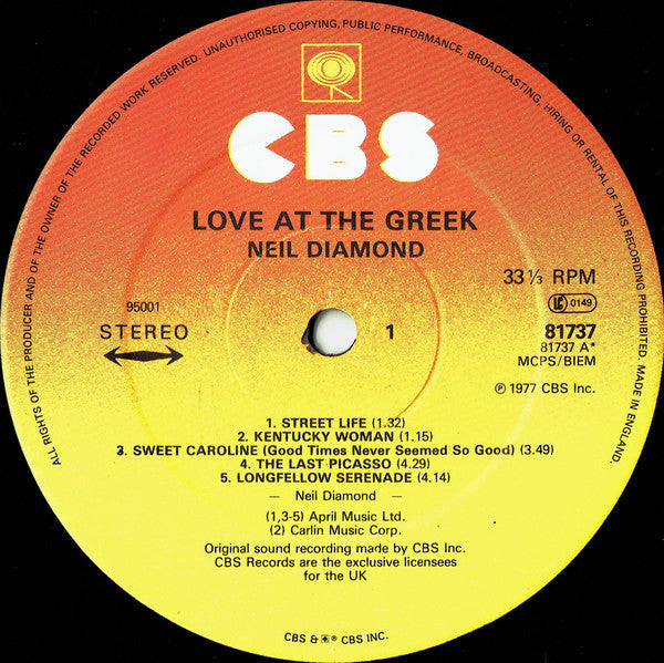 Neil Diamond : Love At The Greek (Recorded Live At The Greek Theatre, Los Angeles) (2xLP, Album, CBS)