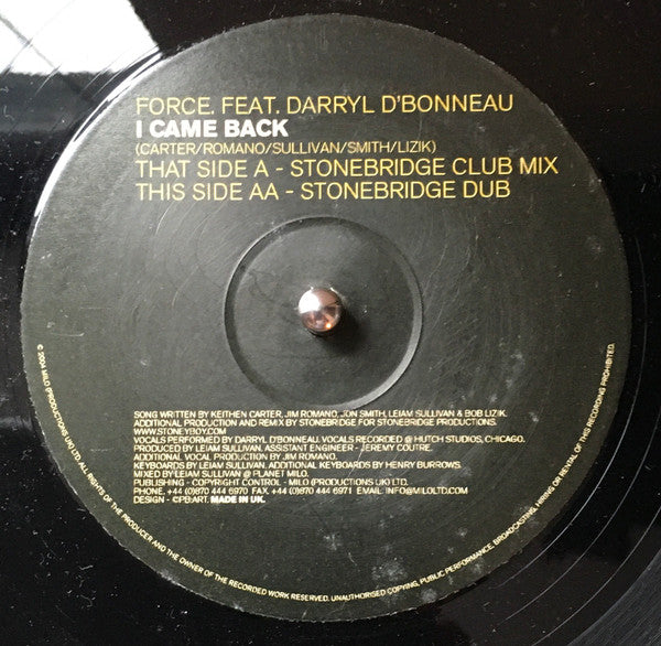 Force (7) Featuring Darryl D'Bonneau : I Came Back (12")