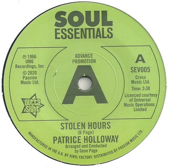 Patrice Holloway : Stolen Hours / Love And Desire (7", Promo, Sol)