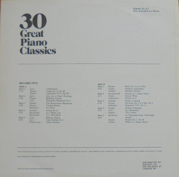 Unknown Artist : 30 Great Piano Classics (LP, Comp)