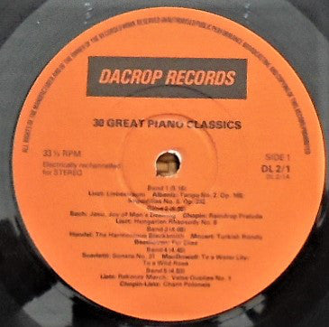 Unknown Artist : 30 Great Piano Classics (LP, Comp)