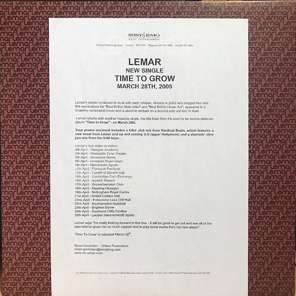 Lemar : Time To Grow (12", Promo)