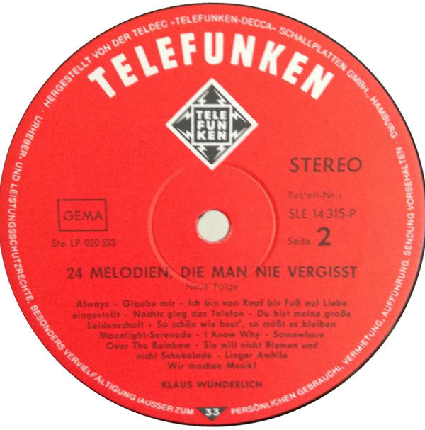 Klaus Wunderlich : 24 Melodien, Die Man Nie Vergisst Vol. 2 (LP, RE)